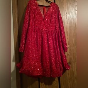 SHEIN red plush mesh sequin dress